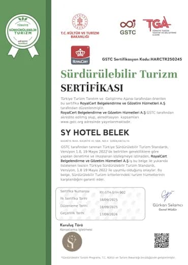 SY Hotels Sürdürülebilir Turizm Sertifikası